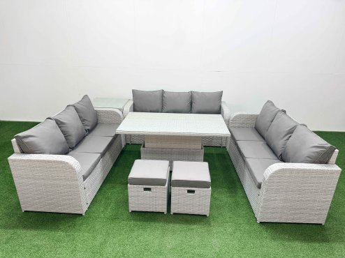 Fimous PE Rattan Lounge Sofa Set 11 Seater Outdoor Garden Furniture Set with Adjustable Lifting Dining or Coffee Table 3 Seater Sofa 2 Stools Side Table Light Grey
