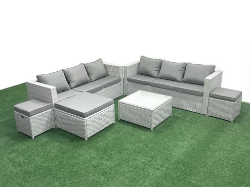 Fimous Rattan Garden Outdoor Furniture Set 9 Seater Rattan Garden Sofa Set with 3 Footstools Light Grey Mixed