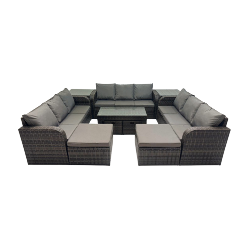 Fimous Rattan Garden Outdoor Furniture Set 3 Seater Sofa Coffee Table with 2 Side Tables 4 Footstools Dark Grey Mixed