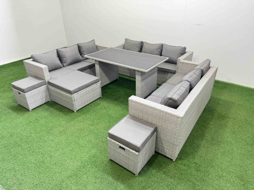 Fimous Patio Outdoor Garden Furniture Sets with Black Glass Top Dining Table 3 Seater Sofa 3 Stool Light Grey