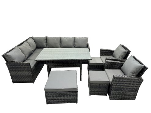 Fimous 11 Seat Poly Rattan Outdoor Patio Dining Table Corner Sofa Set with 3 Stool 2 Chairs for Garden Backyard Dark Grey Mixed