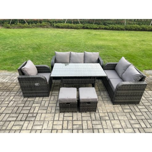 Fimous 8 Seater Rattan Garden Furniture Set with Patio Sofa Rectangular Dining Table 2 Small Footstools Indoor Conservatory Patio Set