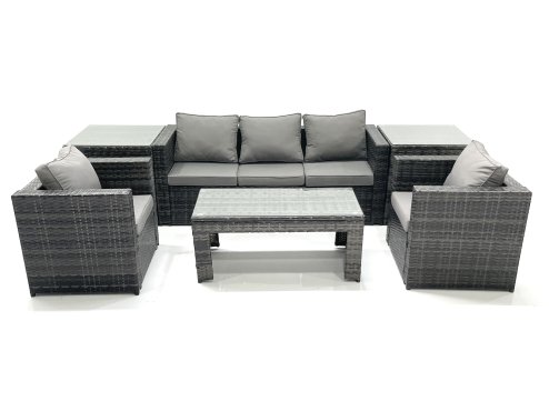 Fimous Rattan Garden Furniture Set Outdoor Lounger Sofa with Coffee Table 2 Armchair 2 Side Tables Dark Grey Mixed