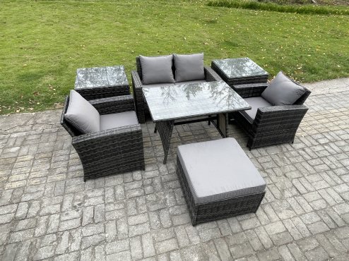 Fimous 5 Seater Outdoor Garden Furniture High Back Rattan Sofa Dining Table Set with 2 SideTables Big Footstool Dark Grey Mixed
