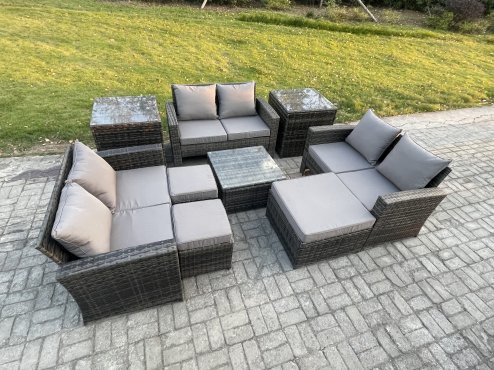 Fimous Outdoor Lounge Sofa Set Wicker PE Rattan Garden Furniture Set with Square Coffee Table Double Seat Sofa 3 Footstools 2 Side Tables Dark Grey Mixed