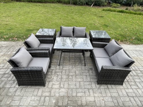 Fimous Rattan Garden Furniture Set Patio Outdoor Lounge Sofa Set with Rectangular Dining Table Love Seat Sofa 2 Side Tables Dark Grey Mixed