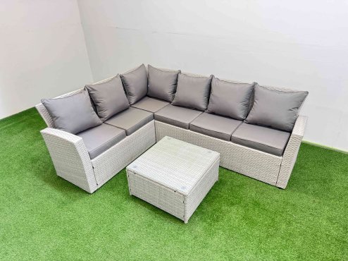 Fimous Outdoor Rattan Garden Furniture Set 6 Seater Corner Sofa Sets with Square Coffee Table Light Grey Mixed