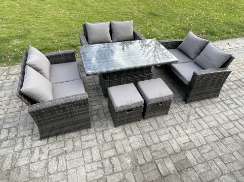 Fimous Wicker PE Rattan Garden Furniture Set Height Adjustable Rising Lifting Table Sofa Dining Set with Double Seat Sofa 2 Small Footstools Dark Grey Mixed
