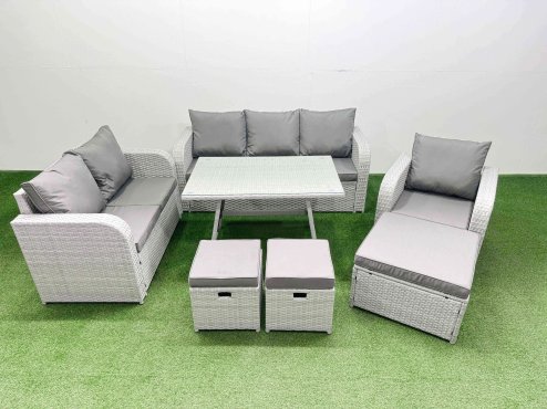 Fimous Rattan High Back Lounge Sofa Set Patio Dining Table & Chairs Set with 3 Seater Sofa Reclining Chair 3 Stool Light Grey