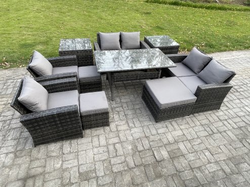 Fimous Garden Furniture Sets 10 Pieces Rattan Furniture Handmade Wicker Patio Sofa Set with 3 Footstools 2 Side Tables Dark Grey Mixed