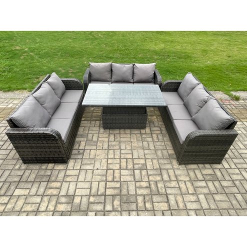 Fimous Patio Garden Dining Set Outdoor Rattan Furniture Lounge Sofa Height Adjustable Rising lifting Table Dark Grey Mixed