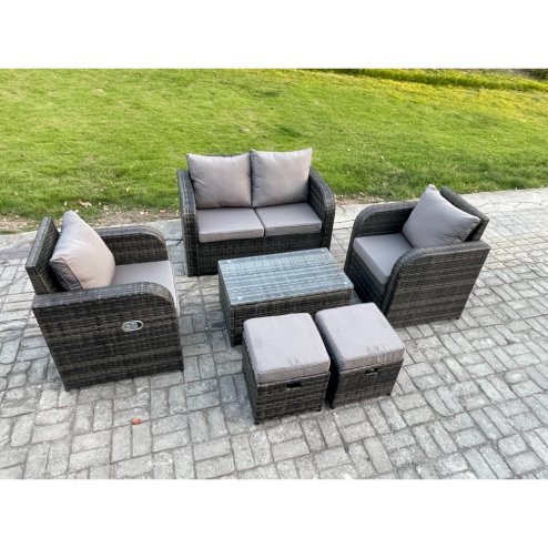 Fimous Wicker PE Rattan Outdoor Furniture Set Garden Love Sofa Coffee Table 2 Armchair 2 Small Footstools Dark Grey Mixed
