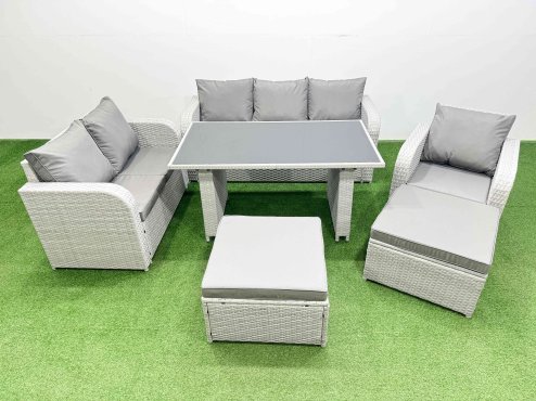 Fimous Rattan Outdoor Table Reclining Chair Sofa Set with 2 Big Stools Light Grey 8 Seater