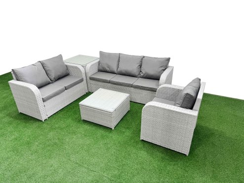 Fimous Patio PE Wicker 6 Seater Outdoor Rattan Furniture Sofa Sets with Square Coffee Table Reclining Chair Loveseat Sofa 3 Seater Sofa Side Table Light Grey