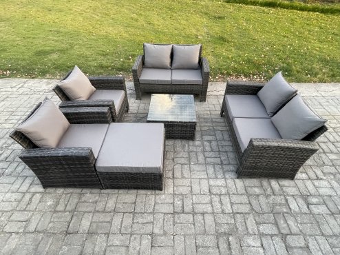 Fimous Rattan Garden Furniture Set 7 Seater Patio Outdoor Lounge Sofa Set with Square Coffee Table Double Seat Sofa Big Footstool Dark Grey Mixed