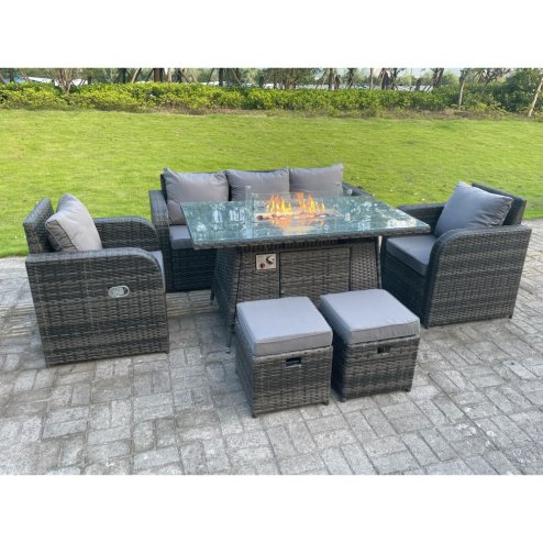 Fimous Dark Mixed Grey Rattan Outdoor Garden Furniture Set Gas Fire Pit Table Gas Heater Dining Table Sets Lounge Sofa Recling Chairs Footstools 7 Seater