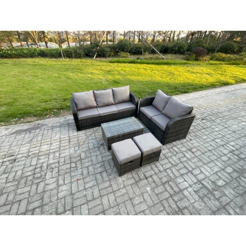 Fimous 7 Seater Rattan Wicker Garden Furniture Patio Conservatory Sofa Set with Rectangular Coffee Table 3 Seater Sofa Love Sofa 2 Small Footstools