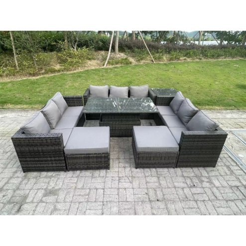 Fimous 11 Seater Outdoor Rattan Garden Furniture Sofa Set Patio Adjustable Rising Lifting Dining Table Set with Side Table 2 Big Footstools Dark Grey Mixed