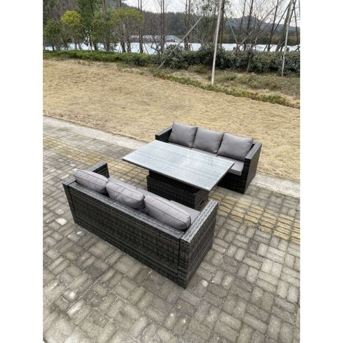 Fimous 6 Seater?Outdoor Rattan Sofa Set Garden Furniture Adjustable Rising Lifting Dining Table Dark Grey Mixed