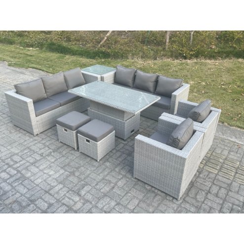 Fimous Rattan Garden Funiture Set Height Adjustable Rising Lifting Table Sofa Dining Set Lounge Chair Side Table Stool