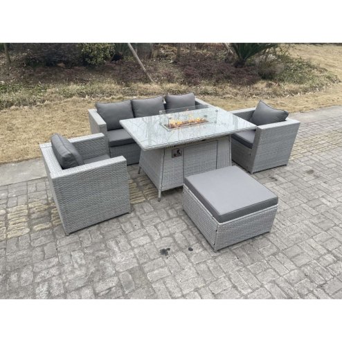 Fimous Light Grey Rattan Fire Pit Garden Furniture Set Gas Heater Burner Chairs With Big Footstool
