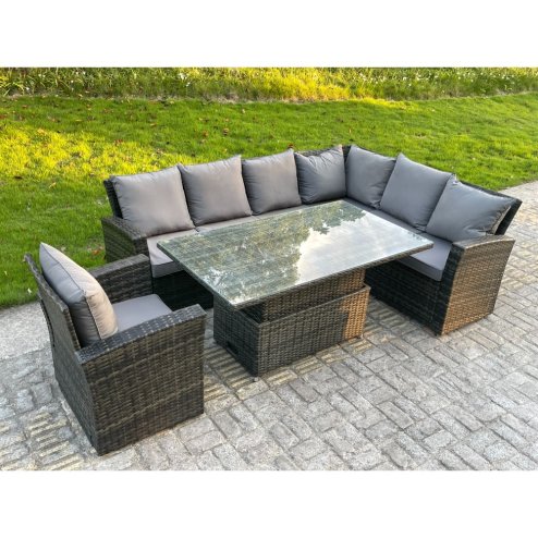 Fimous High Back PE Rattan Corner Sofa Set Garden Furniture Adjustable Rising Lifting Table Set With Armchair