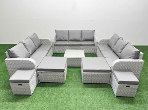Fimous 13 Seater Outdoor Garden Furniture Set PE Rattan Lounge Sofa Set with Coffee Table 3 Seater Sofa 4 Footstools Light Grey