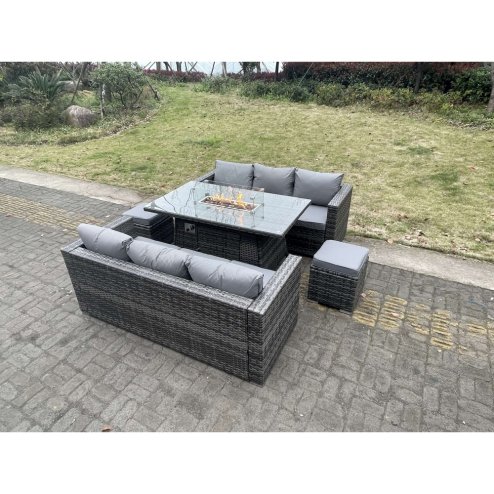 Fimous Outdoor PE Rattan Garden Furniture Gas Fire Pit Dining Table Lounge Sofa 2 PC Footstools Dark Grey Mixed Patio