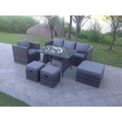 Dark Mixed Grey Rattan Garden Outdoor Sofa Set Chair Rectangular Dining Table Big Footstool 2 Small Footstools 7 Seater