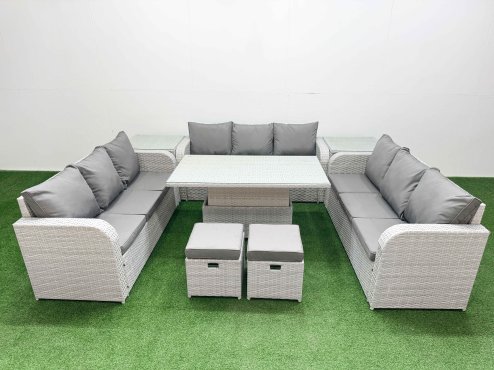 Fimous PE Rattan Lounge Sofa Set 11 Seater Outdoor Garden Furniture Set with Adjustable Lifting Dining or Coffee Table 3 Seater Sofa 2 Stools 2 Side Table Light Grey