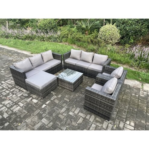 Fimous Outdoor Rattan Garden Furniture Set 9 Seater Patio Lounge Sofa Set with Armchair Square Coffee Table Big Footstool Dark Grey Mixed