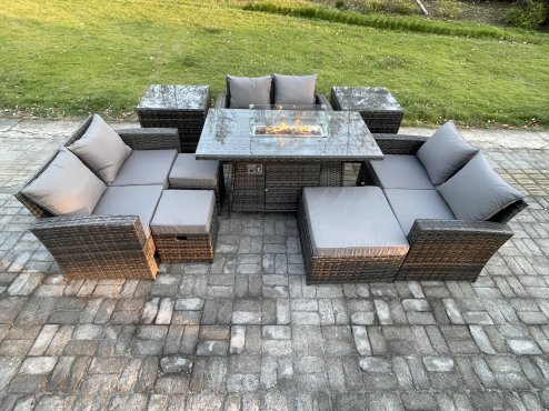 Fimous High Back Rattan Garden Furniture Sofa Sets with Outdoor Furniture Gas Firepit Dining Table Set 3 Footstools 2 Side Tables Dark Grey Mixed