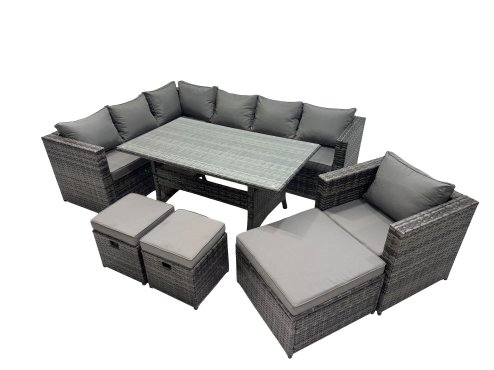 Fimous Outdoor PE Rattan Sofa Set with Dining Table Patio Garden Furniture Sets with Chair 3 Stool Dark Grey Mixed