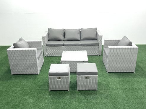 Fimous 7 Seater Rattan Garden Furniture Set with 3 Seater Sofa 2 Chair Square Coffee Table 2 Small Footstools Light Grey Mixed