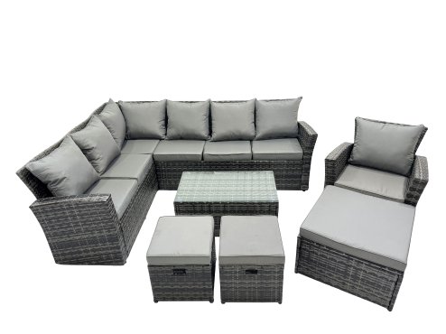 Fimous 10 Seat Rattan High Back Corner Sofa Set Patio Coffee Table Sets with 3 Stools Chair Dark Grey Mixed