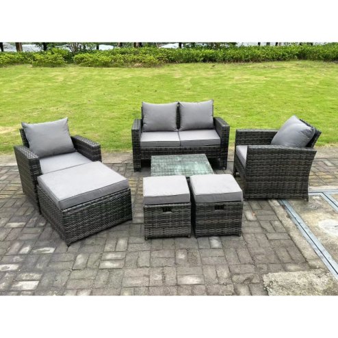 Fimous 7 Seater Dark Grey Mixed High Back Rattan Sofa Set Square Coffee Table Garden Furniture Outdoor 3 Stools