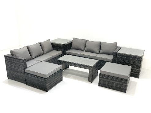 Fimous Garden Outdoor Rattan Furniture Set with Sofa Coffee table 2 Big Footstools 2 Side Tables Dark Grey Mixed