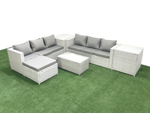 Fimous Garden Outdoor PE Rattan Furniture Set 7 Seater Rattan Garden Sofa Set with Big Footstool 2 Side Tables Light Grey Mixed