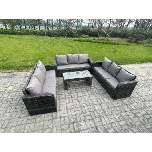 Fimous Outdoor Lounge Sofa Set 9 Seater Rattan Garden Furniture Set with Rectangular Coffee Table 3 Seater Sofa Dark Grey Mixed