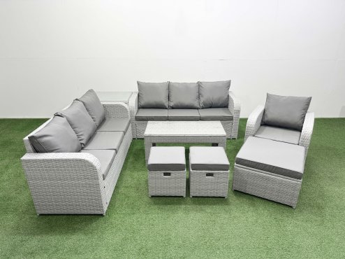 Fimous 10 Seater Poly Rattan Outdoor Garden Furniture Oblong Coffee Table Sofa Set Patio 3 Seater Sofa Reclining Chair 3 Seater Sofa 3 Stools Side Table Light Grey