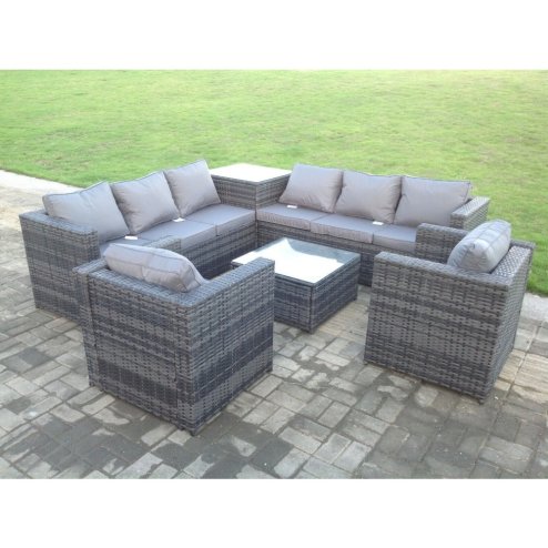 Fimous Dark Mixed Grey Outdoor Rattan Garden Furniture Set Corner Sofa 2 Tables With 2 Chairs