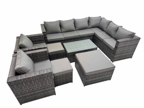 Fimous Patio Sofa Oblong Coffee Table Set Rattan Garden Furniture Set with 2 Chairs 3 Stools Dark Grey Mixed