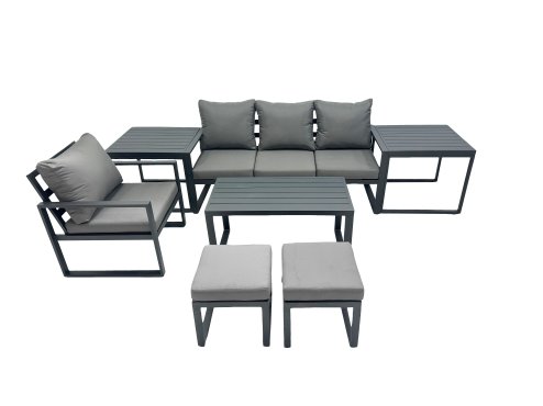 Fimous 6 Seat Outdoor Garden Furniture Set Aluminium Lounge 3 Seat Sofa Oblong Coffee Table Sets with Chair 2 Small Stools 2 Side Tables Dark Grey
