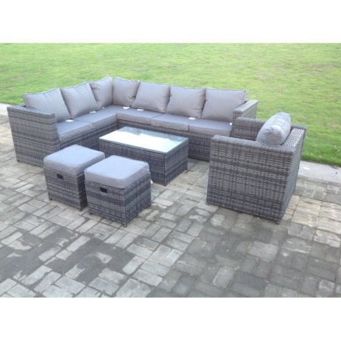 Fimous Dark Grey Mixed Rattan Garden Furniture Corner Sofa Set Oblong Coffee Table Chair Footstools