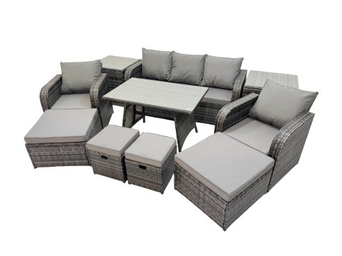 Fimous Garden Rattan Outdoor Furniture Set 9 Seater with 3 Seater Sofa 2 Side Table 2 Big Stool 2 Small Stools Dark Grey
