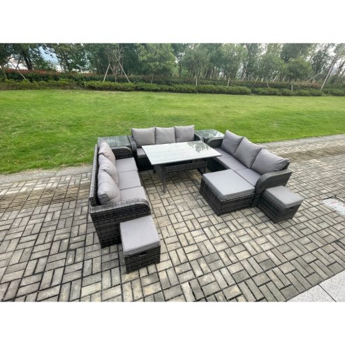 Fimous Patio Rattan Garden Furniture Set with Oblong Rectangular Dining Table 3 Footstools 2 Side Table 12 Seater Outdoor Lounge Sofa Set Dark Grey Mixed