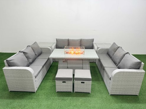 Fimous PE Rattan Lounge Sofa Set 11 Seater Outdoor Garden Furniture Set with Firepit Dining Table 3 Seater Sofa 2 Stools 2 Side Table Light Grey