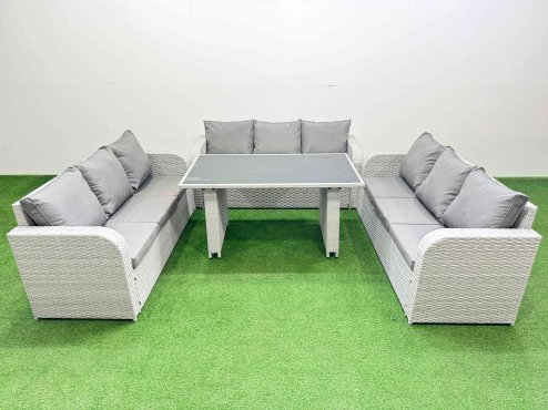 Fimous Patio Garden Furniture Sets with Black Glass Top Dining Table 3 Seater Sofa Light Grey