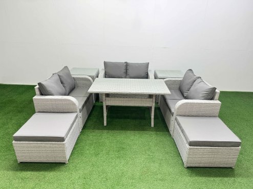 Fimous 8 Seater PE Wicker Rattan Furniture Sofa Sets with Rectangular Dining Table 2 Seater Love Sofa 2 Big Footstool 2 Side Table Light Grey