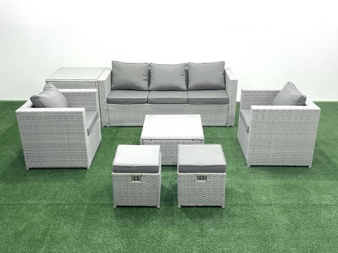Fimous 7 Seater Rattan Garden Furniture Set with 3 Seater Sofa 2 Chair Square Coffee Table 2 Small Footstools Side Table Light Grey Mixed